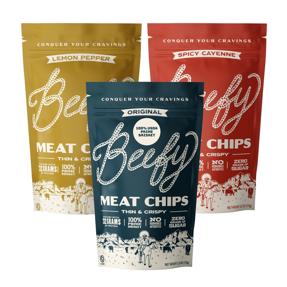 Beefy Meat Chips Variety Pack | 13g Protein Per Serving, Prime Brisket Jerky Chips with Real Salt | High Protein Low Sugar Snack | Carnivore Diet Friendly | 2.5 oz. Bags, 3 Pack