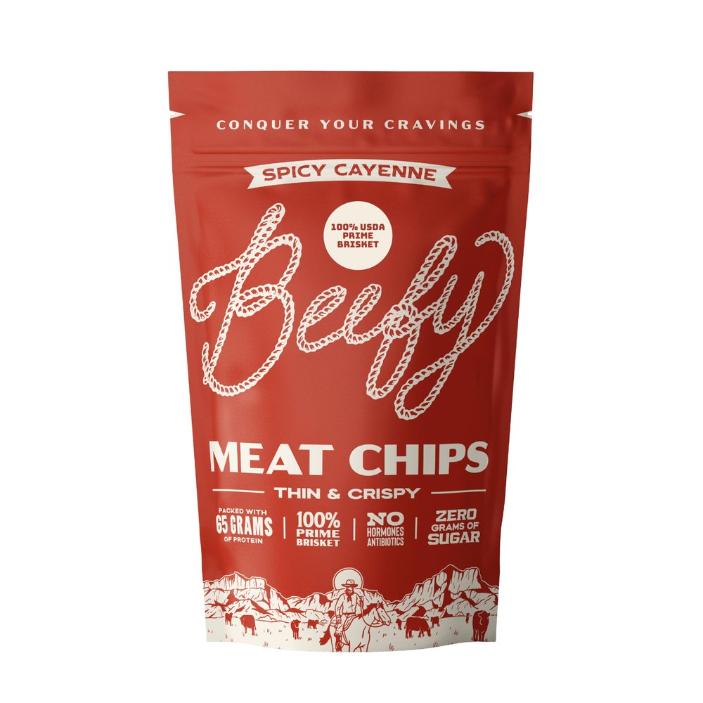 Beefy Meat Chips Spicy Cayenne Flavor | 13g Protein Per Serving, Prime Brisket Jerky Chips with Real Salt | High Protein Zero Sugar Snack | Carnivore Diet Friendly | 5 oz. Bag, 1 Pack