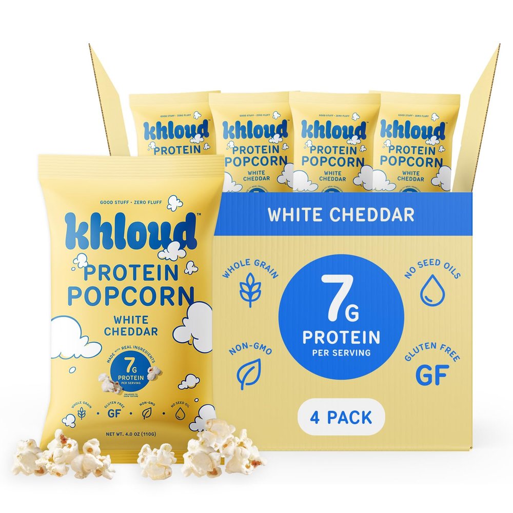 Khloud Protein Popcorn - White Cheddar - 7g Protein Snacks for Adults & Kids - Flavored Popcorn Made with Real Ingredients & Milk Protein Isolate - Non-GMO, Gluten-Free, Kosher, 4oz, 4pk