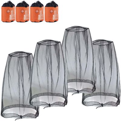 PHOGARY Mosquito Head Net Mesh, Head Face Neck Face Cover Fly Netting Hood from Midges Bugs Gnats, Fits Hats & Caps, 4 Pack with Carry Bags, Black