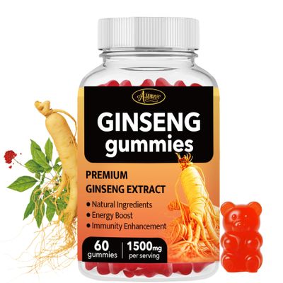 Auranic 60 Count Asian Panax Ginseng Gummies 1500mg Supplements for Men and Women, Energy Maca Ginseng Root Extract Gummies for Memory & Immunity Support, Pectin-Based Apple Flavored Chews Gummy