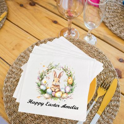 Custom Easter Napkins, Disposable Paper Napkins - 6.5 x 6.5 Inch, Personalized Bunny and Floral Design, Spring Holiday Party Supplies, Easter Dinner & Baby Shower Decor, Cute Bathroom Hand Towels, E7
