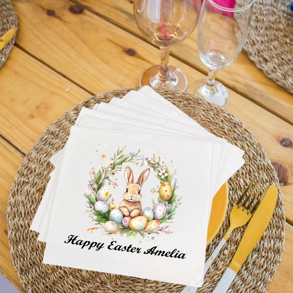 Custom Easter Napkins, Disposable Paper Napkins - 6.5 x 6.5 Inch, Personalized Bunny and Floral Design, Spring Holiday Party Supplies, Easter Dinner & Baby Shower Decor, Cute Bathroom Hand Towels, E7