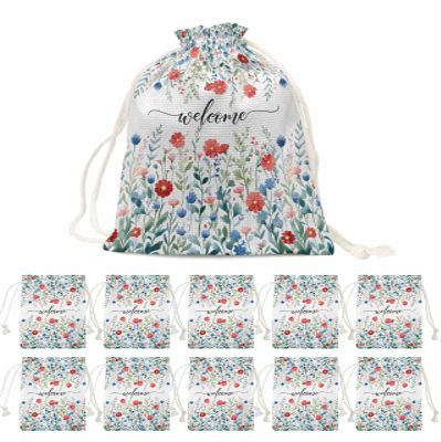 Victoroes Flower Drawstring Gift Bags 10 Pieces, 5" x 7" Small Welcome Farmhouse Style Blue Red Gift Bag Reusable Fabric Wrap Bags for Wedding Party Birthday Christmas Seasonal Holiday