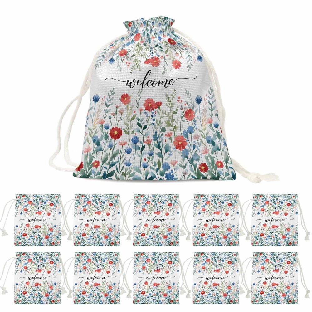 Victoroes Flower Drawstring Gift Bags 10 Pieces, 5" x 7" Small Welcome Farmhouse Style Blue Red Gift Bag Reusable Fabric Wrap Bags for Wedding Party Birthday Christmas Seasonal Holiday
