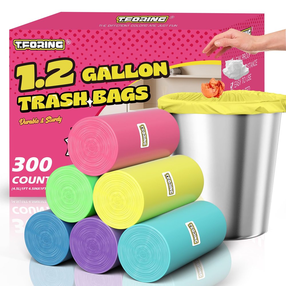 T.FORING Mini Trash Bags 1.2 Gallon Unscented, 0.82 Mil, Colored,300 Count