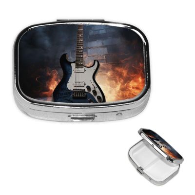 Electric Guitar Pill Box 2 Compartment Square Portable Pill Case for Pocket or Purse Small Weekly Medicine Planner Travel Pillbox with Mirror Decorative Metal Vitamin Holder Gifts
