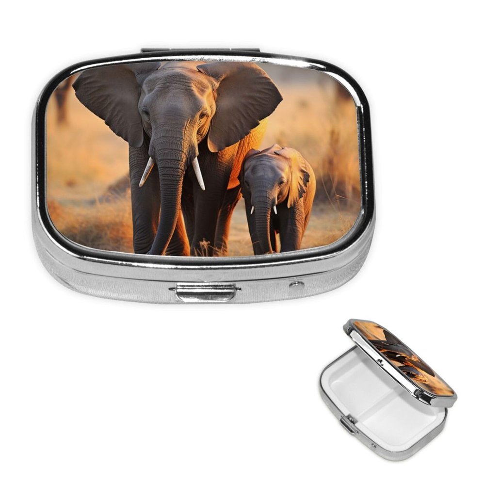 Cute Elephant Baby and mom Pill Box 2 Compartment Square Portable Pill Case for Pocket or Purse Small Weekly Medicine Planner Travel Pillbox with Mirror Decorative Metal Vitamin Holder Gifts