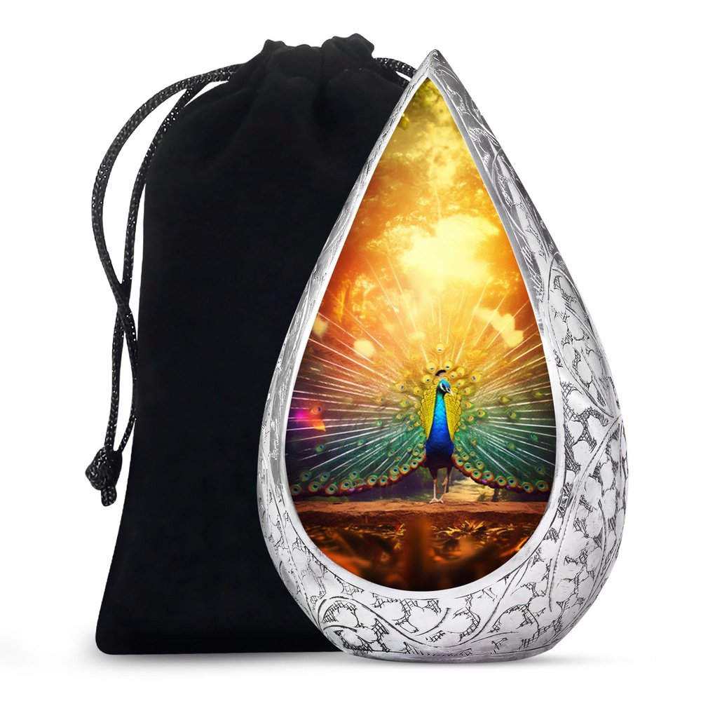 REMEMBRATE Dancing Peacock Funeral Cremation Urns for Human Ashes - Large Urn for Ashes Adult Male & Female - Straight Drop Ash Cremains Containers - Handcrafted Remembrance Gift for Loss (10 Inch)