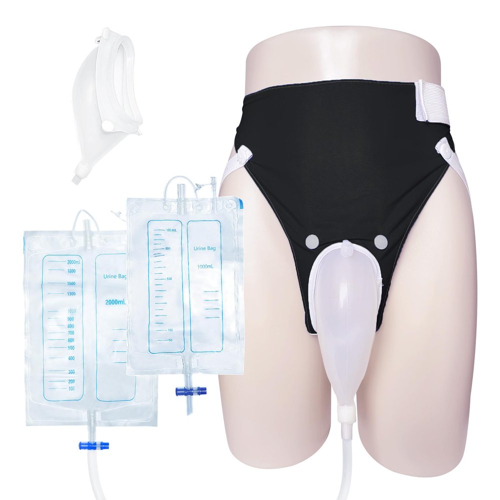 Wearable Urine Collector with Reusable Silicone Bag with Breathable Fixative Pant with Two Urinary Drainage Bags 2000ml 1000ml and 1.2m Catheter Soft Edge Design, Elderly Men Black