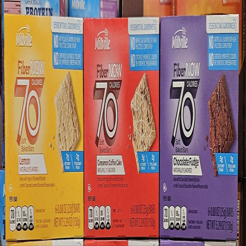 Fiber NOW 70 Calories Soft Millville Baked Bars Lemon, Chocolate Fudge, Cinnamon Coffee Cake 5.29oz 150g (Three Boxes)