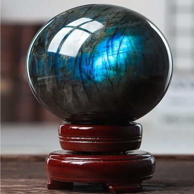 SBOTTON Natural Labradorite Ball Crystal Sphere with Wood Stand, Reiki Chakra Energy Healing Stone Figurine Home Decor, Gifts for Friends.(110mm)