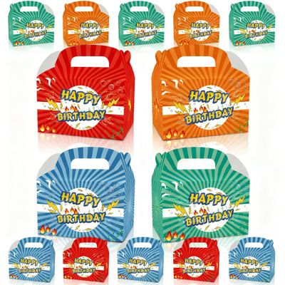 12Pcs Animation Cartoon Happy Birthday Decorations, Red Orange Blue Green lightning Gift Boxes for Boys and Girls Party Theme Supplies