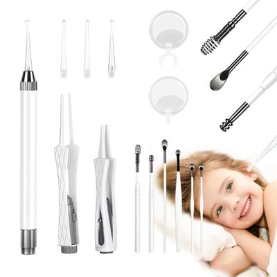 15 Pack Ear Wax Removal Tool Kit with Light - LED Ear Cleaning Kit, Ear Wax Removal for Kids and Adults, Ear Cleaning Tool, Ear Picker Spoon & Ear Tweezers & Spiral Spring Ear Spoon White