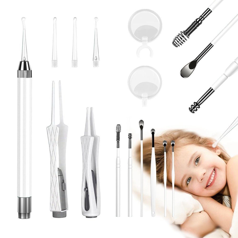 15 Pack Ear Wax Removal Tool Kit with Light - LED Ear Cleaning Kit, Ear Wax Removal for Kids and Adults, Ear Cleaning Tool, Ear Picker Spoon & Ear Tweezers & Spiral Spring Ear Spoon White