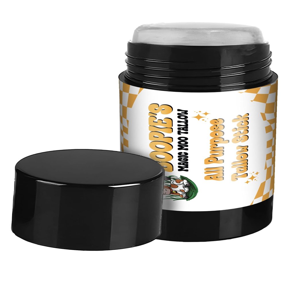 Magic Moo All Purpose Beef Tallow Stick skincare for acne, eczema, dry skin, moisturizer & hydration. Grass Fed & Finished Beef Suet Beef Tallow in a stick.