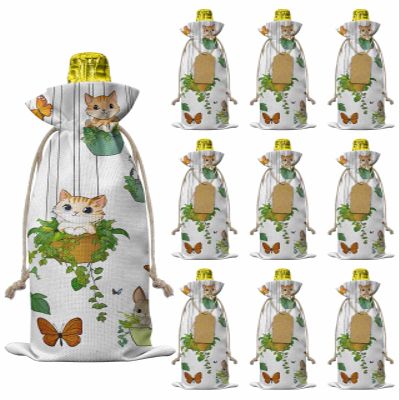 10pcs Linen Burlap Wine Bags with Drawstring Cute Cartoon Wine Gift Bag with Tags Reusable Wines Bottle Gift Bags for Christmas Birthday Tasting Party Cat Butterfly Spring Floral Botanical