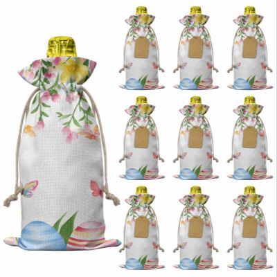 10pcs Linen Burlap Wine Bags with Drawstring Pink Spring Floral Easter Wine Gift Bag with Tags Reusable Wines Bottle Gift Bags for Christmas Birthday Tasting Party Watercolor Tulip Flowers