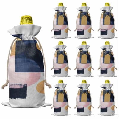 10pcs Linen Burlap Wine Bags with Drawstring Navy Blue Pink Yellow Wine Gift Bag with Tags Reusable Wines Bottle Gift Bags for Christmas Birthday Tasting Party Modern Abstract Art Geometric