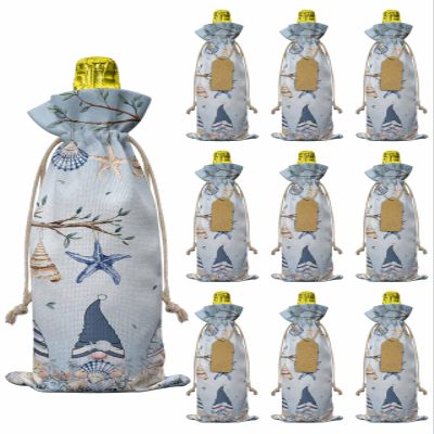 10pcs Linen Burlap Wine Bags with Drawstring Sky Blue Gnomes Coastal Wine Gift Bag with Tags Reusable Wines Bottle Gift Bags for Christmas Birthday Tasting Party Eucalypus Starfish Shell Anchor