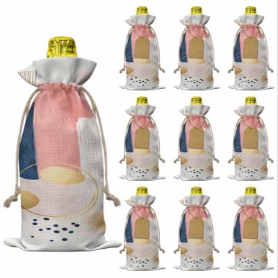 10pcs Linen Burlap Wine Bags with Drawstring Pink Navy Blue Yellow Wine Gift Bag with Tags Reusable Wines Bottle Gift Bags for Christmas Birthday Tasting Party Geometric Modern Abstract Art