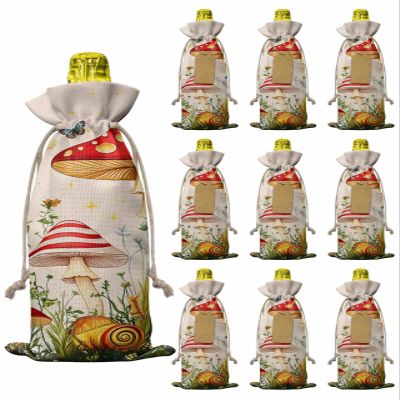 10pcs Linen Burlap Wine Bags with Drawstring Red Mushroom Wine Gift Bag with Tags Reusable Wines Bottle Gift Bags for Christmas Birthday Tasting Party Supplies Spring Floral Botanical Moon Star