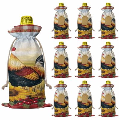10pcs Linen Burlap Wine Bags with Drawstring Vintage Rooster Wine Gift Bag with Tags Reusable Wines Bottle Gift Bags for Christmas Birthday Tasting Party Yellow Sunflower Red Plaid Farmhouse
