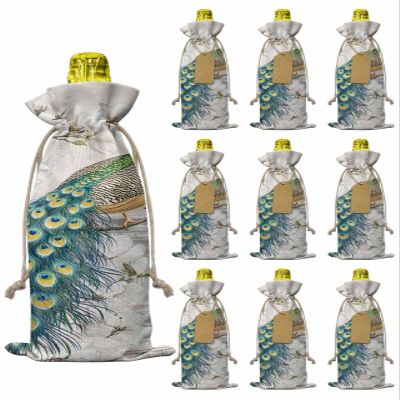10pcs Linen Burlap Wine Bags with Drawstring Luxury Peacock Wine Gift Bag with Tags Reusable Wines Bottle Gift Bags for Christmas Birthday Tasting Party Supplies Watercolor Vintage Floral Attic