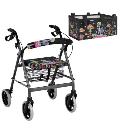 Rollator Walker Seat and Backrest Rollbar Covers Set Easy to Use Rollator Storage Under Seat Bag Folding UnderSeat Walker Pouch for Seniors, Moon Mushroom Skeleton