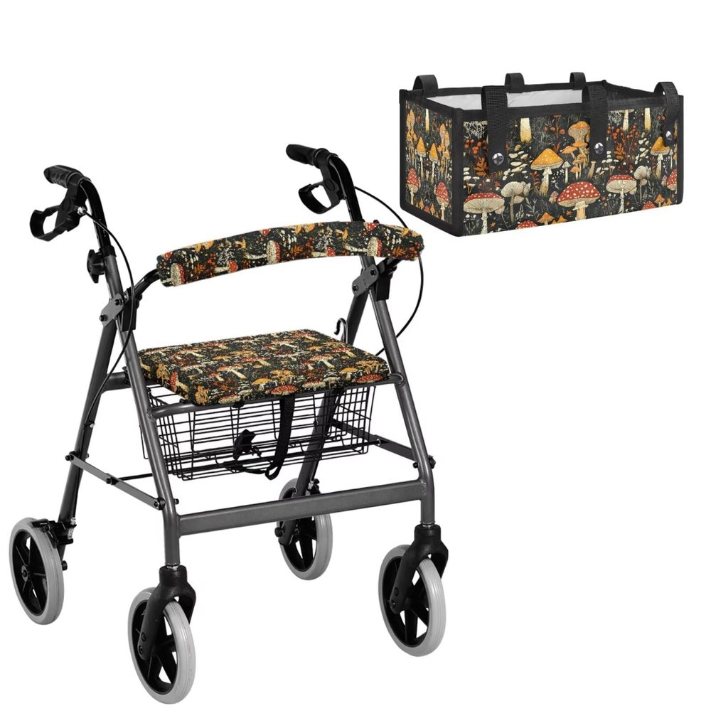 3 Pieces Walker Accessories Rollator Seat and Back Rest Covers with Nylon Buckle Rollator Walkers Storage Bag for Family, Brown Mushroom