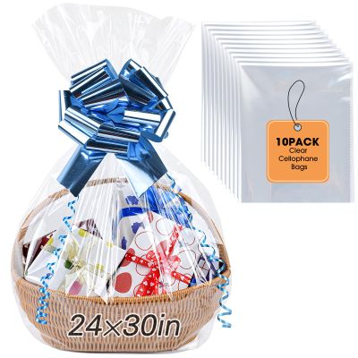 Yuiicaov 10PCS Large Cellophane Bags, 24x30 Inches Clear Cellophane Wrap for Gift Baskets, Clear Basket Bags Packaging 2.8 Mil Thick