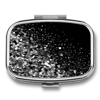 Small Pill Case, Travel Pill Box, Black White Glitterprinting Pill Case,Portable Pill Organizer,Two Compartments Travel Pill Organizer,Portable Pill Container Medicine Vitamin Organizer