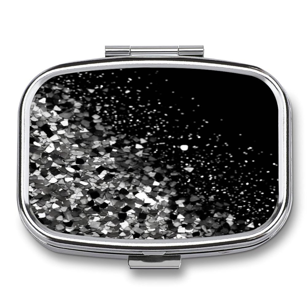 Small Pill Case, Travel Pill Box, Black White Glitterprinting Pill Case,Portable Pill Organizer,Two Compartments Travel Pill Organizer,Portable Pill Container Medicine Vitamin Organizer