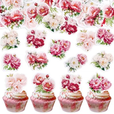 40Pcs Edible Peony Cupcake Toppers Peonies Flower Blossoms Cupcake Picks for Floral Mother's Day Bridal Shower Engagement Floral Wedding Girls Birthday Cupcake Decorations