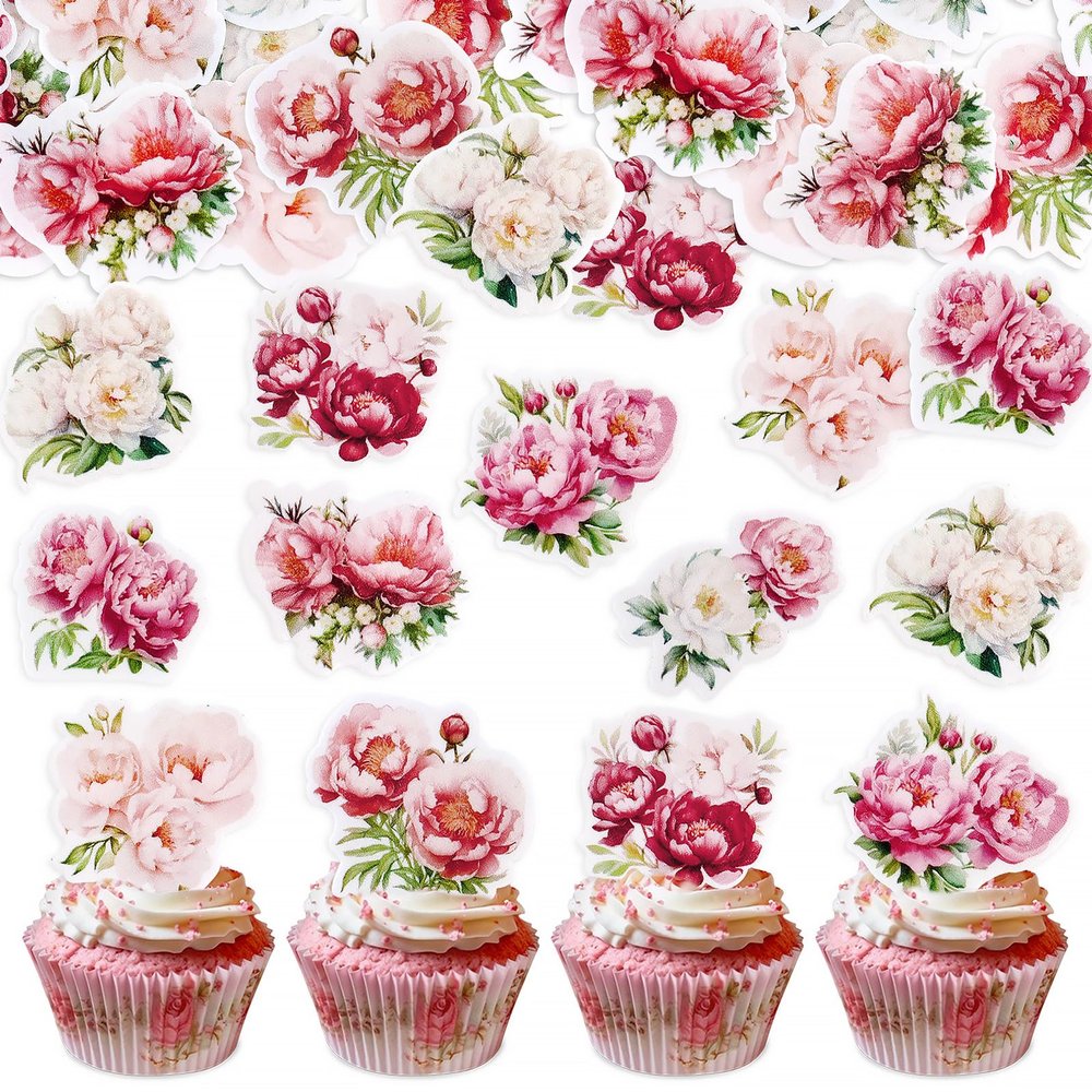 40Pcs Edible Peony Cupcake Toppers Peonies Flower Blossoms Cupcake Picks for Floral Mother's Day Bridal Shower Engagement Floral Wedding Girls Birthday Cupcake Decorations
