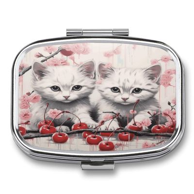 Small Pill Case, Travel Pill Box, Cat and Cherryprinting Pill Case,Portable Pill Organizer,Two Compartments Travel Pill Organizer,Portable Pill Container Medicine Vitamin Organizer