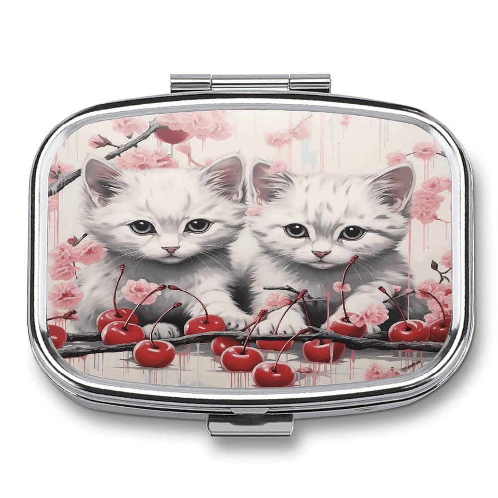 Small Pill Case, Travel Pill Box, Cat and Cherryprinting Pill Case,Portable Pill Organizer,Two Compartments Travel Pill Organizer,Portable Pill Container Medicine Vitamin Organizer