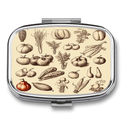 Small Pill Case, Travel Pill Box, Sketch Style Vegetablesprinting Pill Case,Portable Pill Organizer,Two Compartments Travel Pill Organizer,Portable Pill Container Medicine Vitamin Organizer