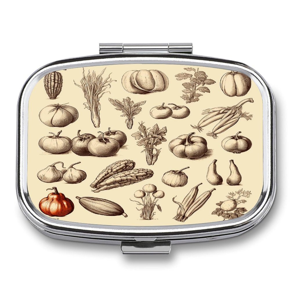 Small Pill Case, Travel Pill Box, Sketch Style Vegetablesprinting Pill Case,Portable Pill Organizer,Two Compartments Travel Pill Organizer,Portable Pill Container Medicine Vitamin Organizer