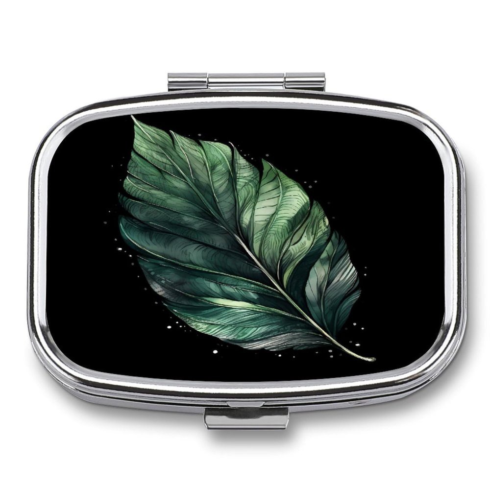 Small Pill Case, Travel Pill Box, Green Leaf Shapeprinting Pill Case,Portable Pill Organizer,Two Compartments Travel Pill Organizer,Portable Pill Container Medicine Vitamin Organizer