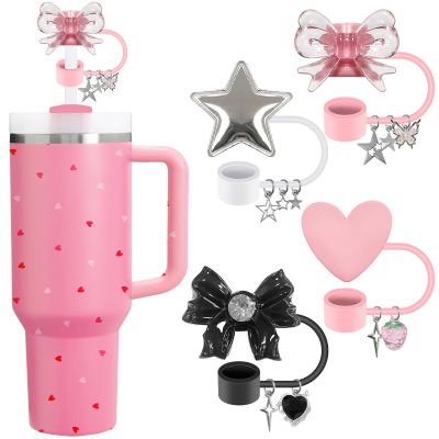 6PCS Cute Straw Covers Cap For 30&40 oz Stanley Cup, Reusable Y2K Cute Glitter Star Heart Bow Straw Toppers For Party Gifts