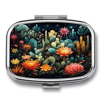 Small Pill Case, Travel Pill Box, Colorful Cactus Patternprinting Pill Case,Portable Pill Organizer,Two Compartments Travel Pill Organizer,Portable Pill Container Medicine Vitamin Organizer