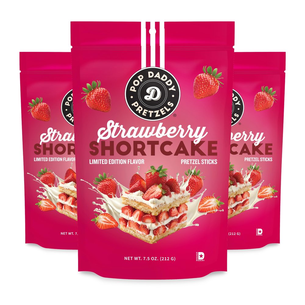 Pop Daddy Flavored Pretzels Sticks, Healthy Gourmet Pretzels Snacks, 7.5oz Individual Bags, 3 Pack, Strawberry Shortcake