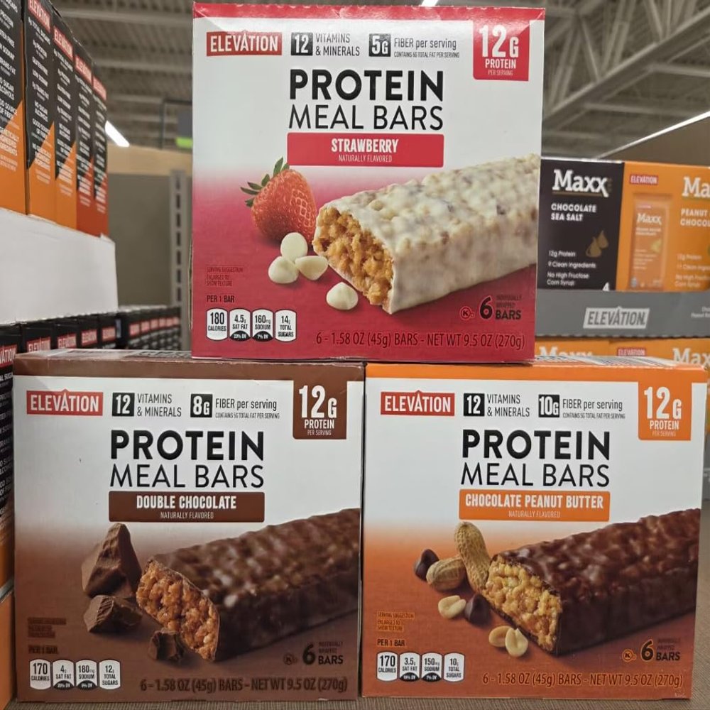 Elevation Meal Bars Double Chocolate, Strawberry, Chocolate Peanut Butter, 9.5oz 270g (Three Boxes)