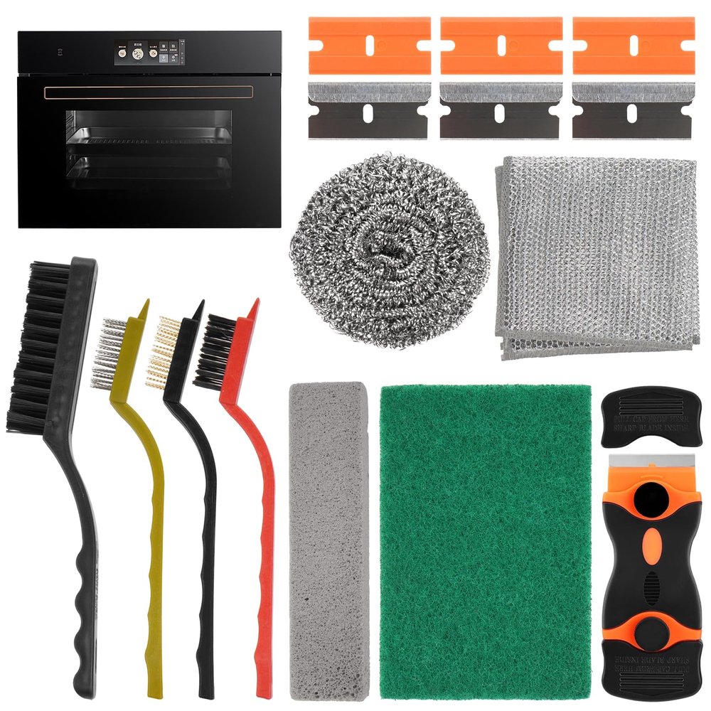 AIHSUMC Heavy Duty Oven Cleaner Brush Kits, 12 Pcs Oven Cleaning Tools Accessories, Include Razor Blade Scraper, Crevice Cleaning Brush, Steel Wool Scrubber, Scrub Sponges,Cleaning Rags
