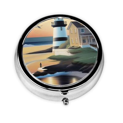 Lighthouse Seaside Print Mini Pill Box, Cute Round 3 Partitions Small Pill Cases Organizer for Purse Pocket, Gifts, Travel