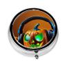 Halloween Pumpkin with Headphones Print Mini Pill Box, Cute Round 3 Partitions Small Pill Cases Organizer for Purse Pocket, Gifts, Travel view 1