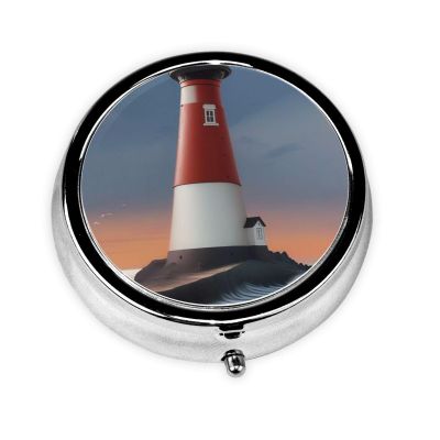 Lighthouse Print Mini Pill Box, Cute Round 3 Partitions Small Pill Cases Organizer for Purse Pocket, Gifts, Travel
