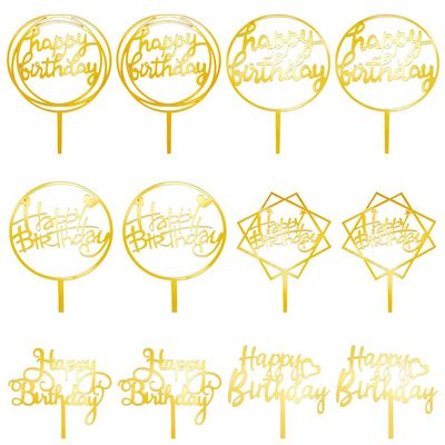 SOFPLATE 12Pcs 6 Styles Gold Happy Birthday Cake Sign Acrylic Cupcake Toppers Small Hollow Word Insert Cards Sticks Picks Sets Accessories for Party Wedding Cakes Dessert Supplies DIY Craft Decor