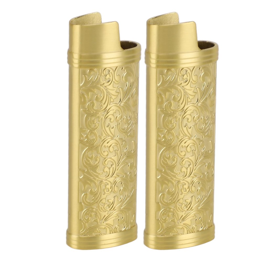 Generic 2pcs Metal Lighter Case Cover Holder Zinc Alloy Protective Sleeve for Lighters, Vintage Floral Stamped Design, Light Gold